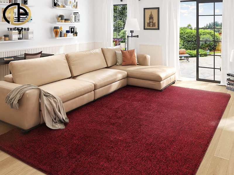 Ngược lại, sofa gam màu sáng kết hợp thảm màu nổi bật