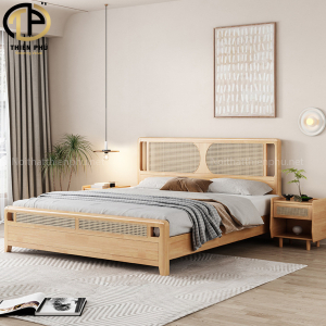 Giường ngủ gỗ sồi kết hợp mây nhân tạo phong cách Rustic G223