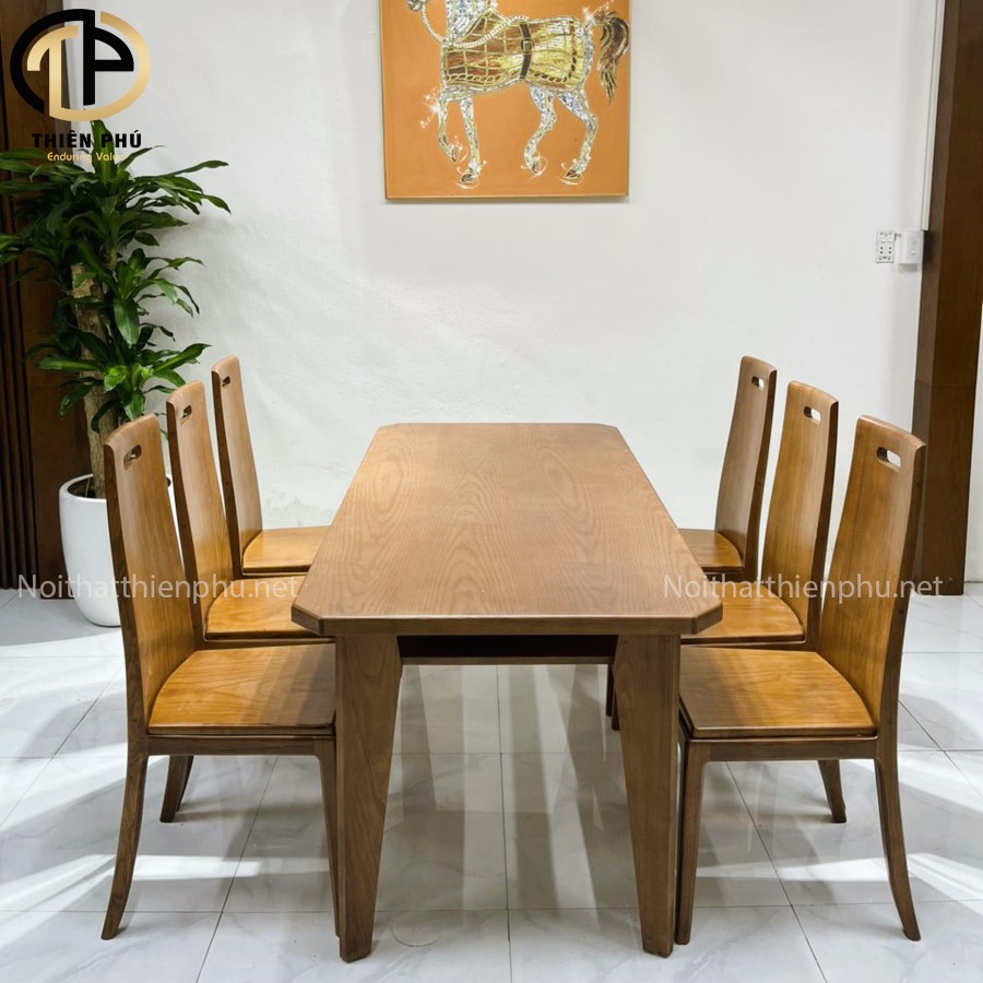 Bộ bàn ăn 6 ghế gỗ sồi Nga màu walnut hàng kỹ nước sơn đẹp