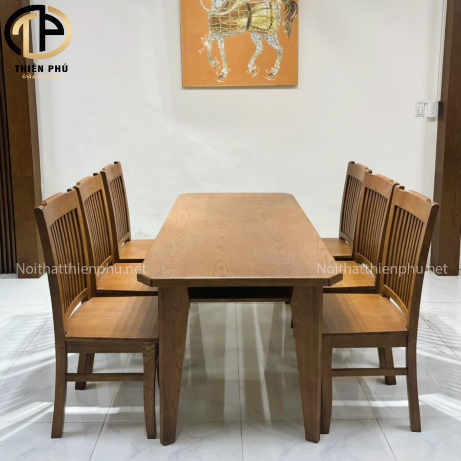 Bộ bàn ăn gỗ sồi 6 ghế, bàn 2 tầng thiết kế đơn giản sang bền đẹp