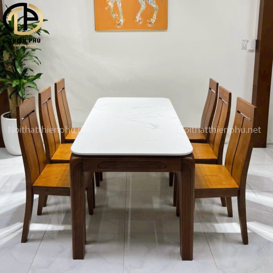 Bàn ghế gỗ sồi P1 kết hợp bàn ăn chân đục sang trọng
