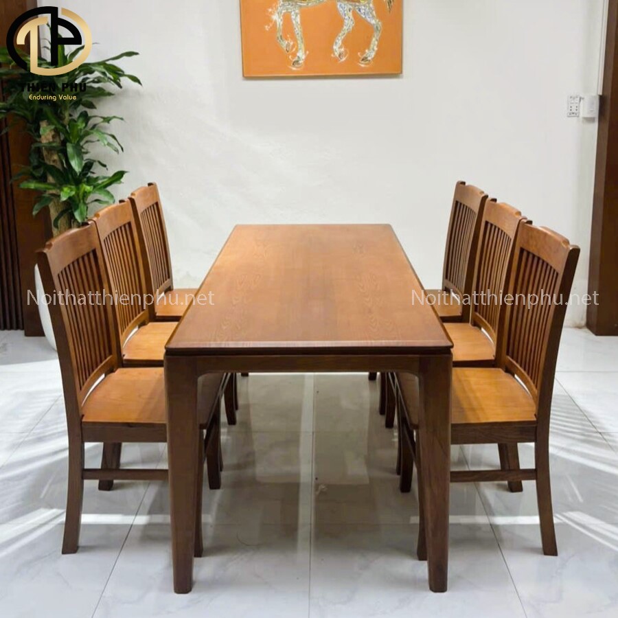 Bộ bàn ăn gỗ sồi 6 ghế tựa nan cong