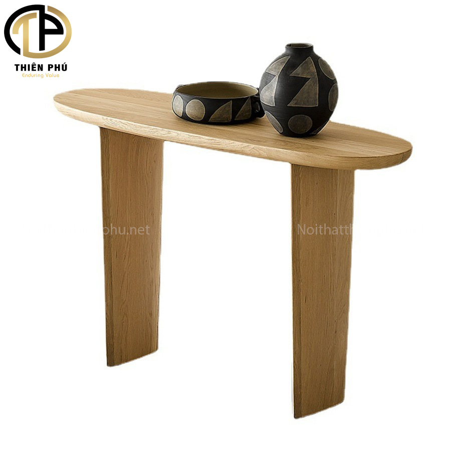 Chi tiết bàn console hình oval gỗ sồi màu tự nhiên rustic