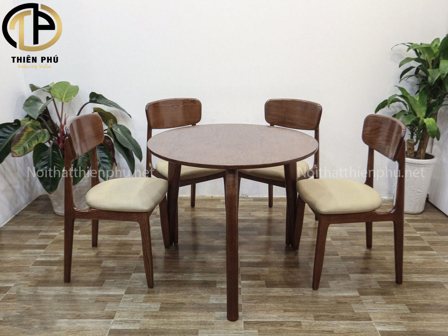 Bộ bàn ăn tròn 4 ghế Dian gỗ sồi sơn màu walnut cao cấp