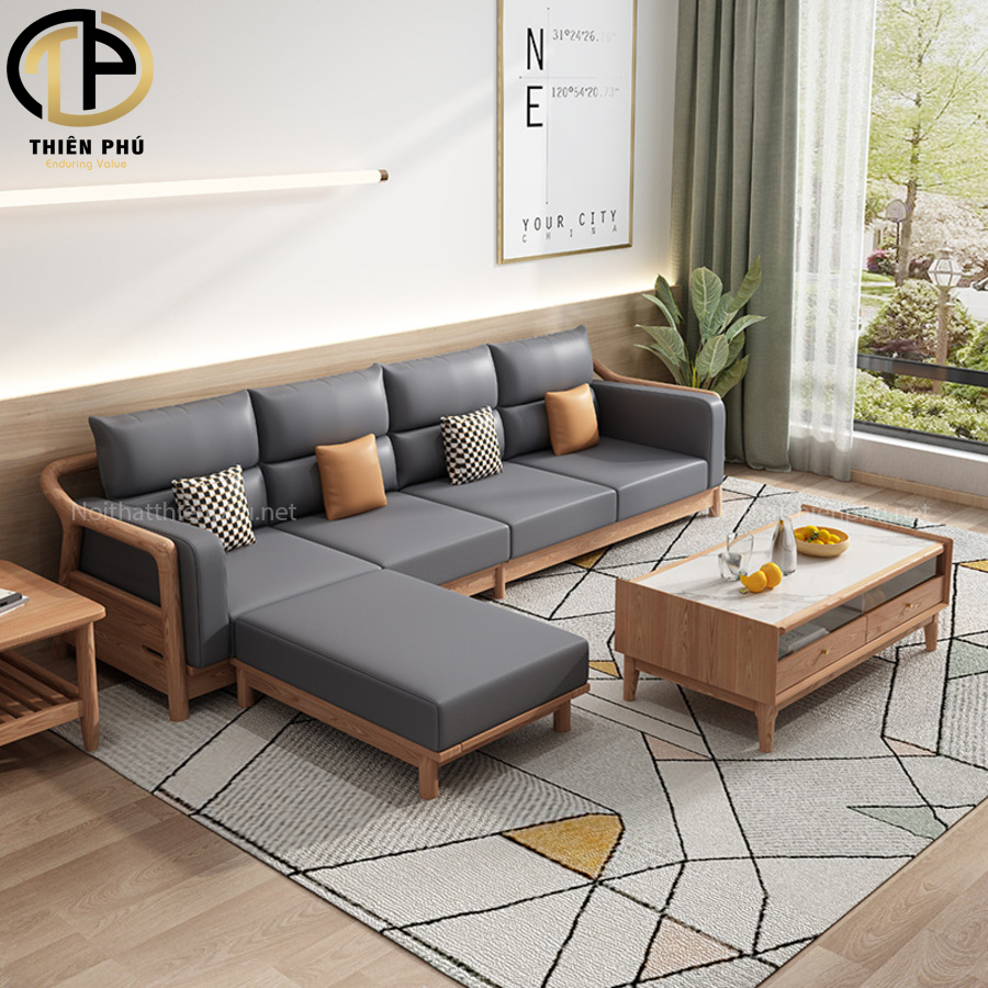 Sofa gỗ chữ L giúp tối ưu không gian phòng khách gia đình bạn