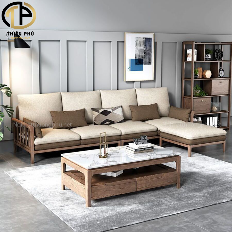 Sofa gỗ sồi Nga màu tự nhiên kết hợp đệm nỉ nhập khẩu cho không gian sống lý tưởng