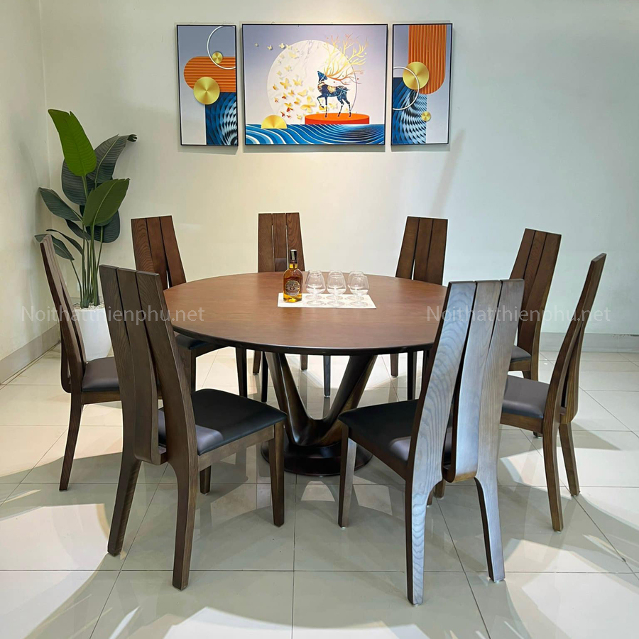 Bàn ăn 8 ghế gỗ sồi bọc da có thể thay đổi chất liệu bọc, màu da màu sơn phù hợp nhiều phong cách nội thất