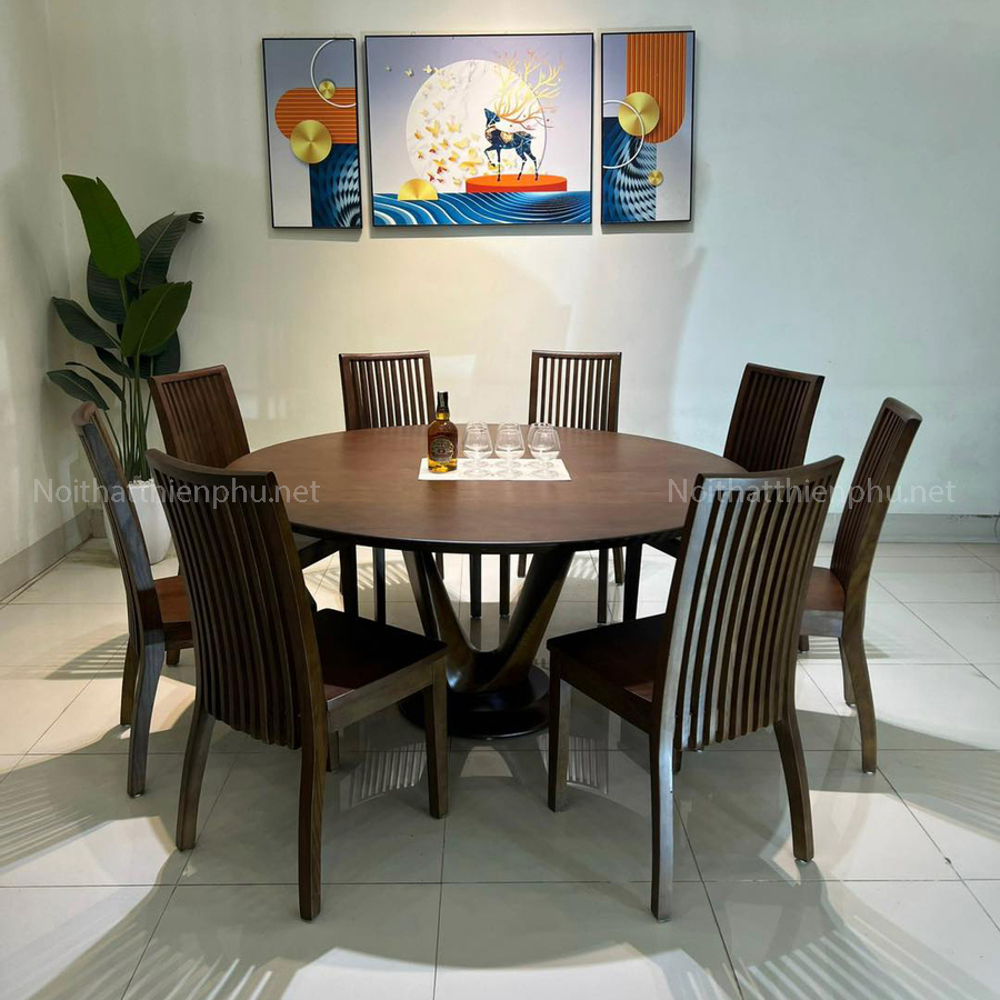 Bộ bàn ăn tròn D150cm kết hợp 8 ghế tựa nan bền đẹp, thông thoáng