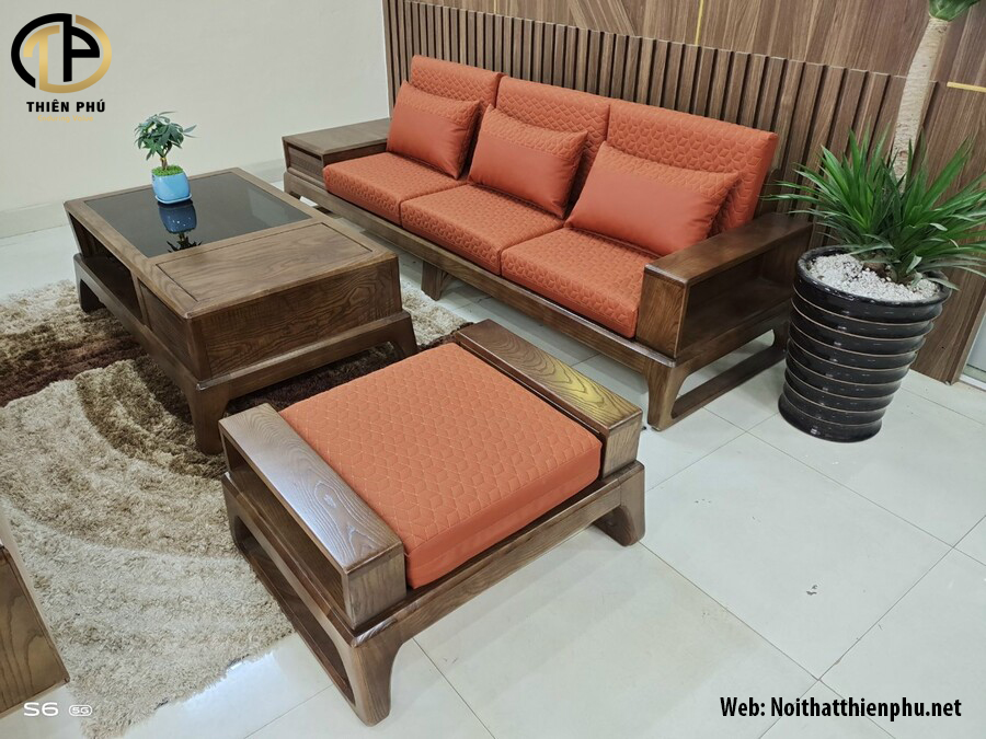 Sofa gỗ chung cư gỗ sồi đệm da nhỏ gọn sang trọng