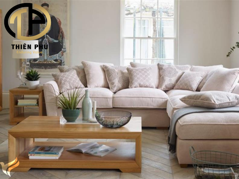 Sofa gỗ sồi bọc nỉ trẻ trung, năng động cho phòng khách hiện đại