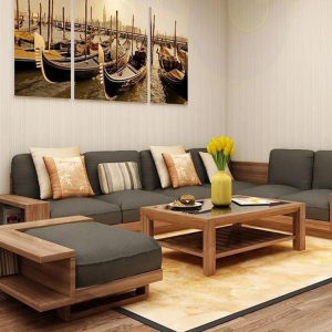 Sofa chữ L gỗ sồi hiện đại phù hợp cho không gian phòng khách chung cư Hà Nội